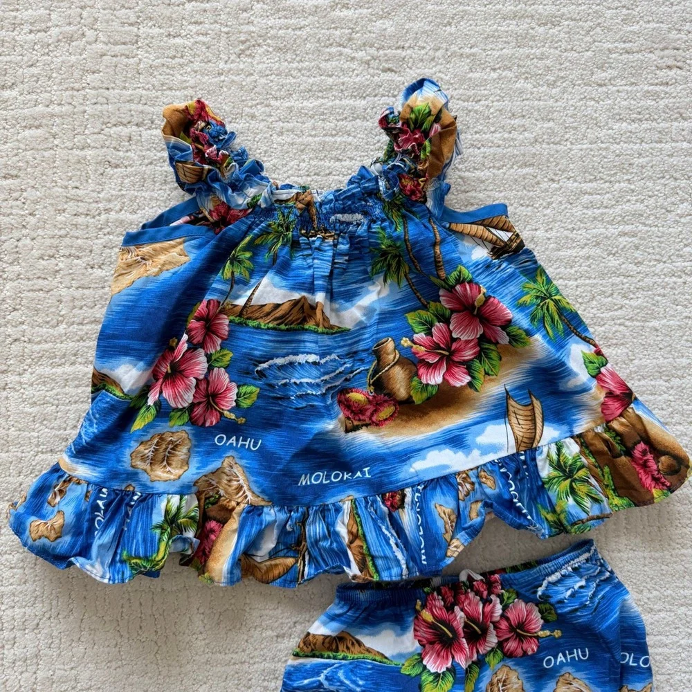 Hawaii Station Kids Blue Hibiscus Island Map Top and Bloomer Set 18M Made in USA
